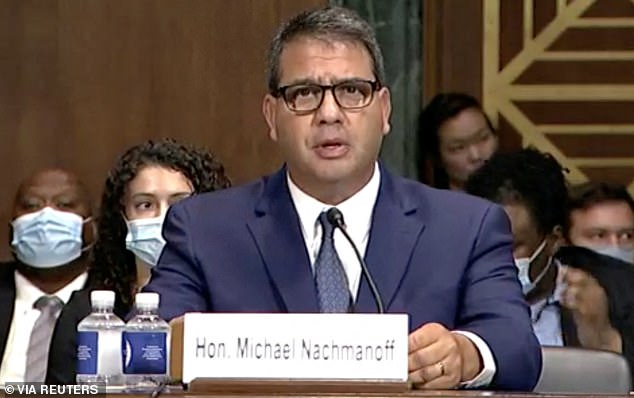 U.S. District Judge Michael Nachmanoff testifies during a Senate Judiciary Committee nomination hearing on Capitol Hill in Washington, D.C., U.S., July 28, 2021 in this frame grab. U.S. Senate/Handout via REUTERS  THIS IMAGE HAS BEEN SUPPLIED BY A THIRD PARTY