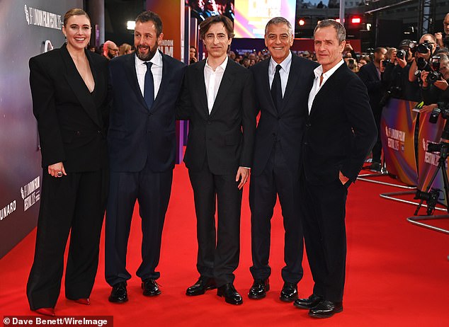 The comedy icon ditched his typical quirky style for a smartened-up red carpet look (pictured L-R with Greta Gerwig, Noah Baumbach, George Clooney and David Heyman)