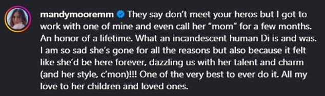 Alongside a photo of them in the movie, the actress wrote: 'They say don't meet your heroes but I got to work with one of mine and even call her "mom" for a few months. An honor of a lifetime'