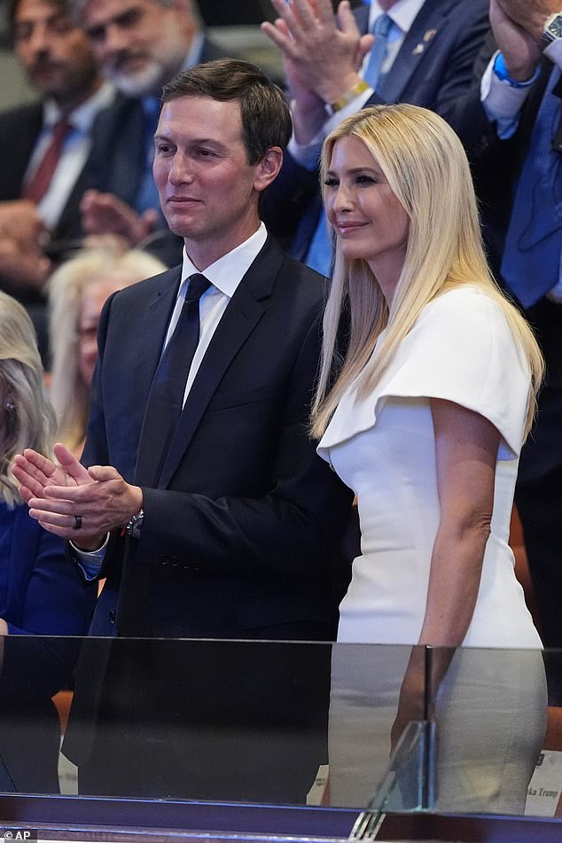 Jared Kushner and Ivanka Trump are recognized by President Donald Trump as he speaks to the Knesset