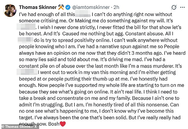 In a lengthy, the reality star wrote: 'I can't do anything right now without someone critising me. I wish I never done Strictly, l never fitted the bill for that show let's be honest. And It's caused me nothing but agg. Constant abuse'