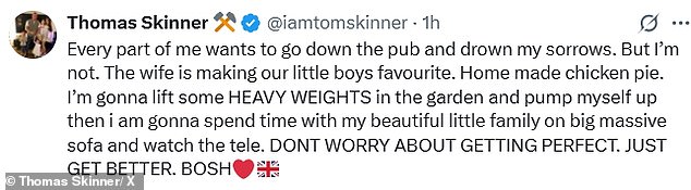 In another post, he said: 'Every part of me wants to go down the pub and drown my sorrows. But I¿m not. The wife is making our little boys favourite. Homemade chicken pie'