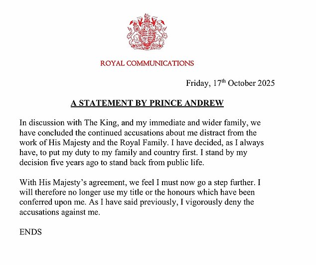Prince Andrew's statement released by Buckingham Palace