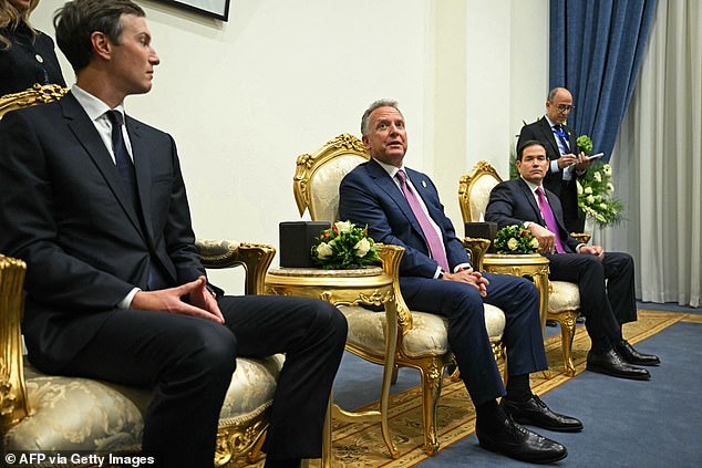 Kushner and Witkoff seen alongside US Secretary of State Marco Rubio (right) after the historic peace deal between Hamas and Israel was reached on October 13