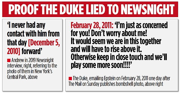 In an astonishing email (pictured) revealed in a world exclusive by the Mail on Sunday last week, Andrew told Epstein 'we are in this together' a day after the MoS released the infamous picture of the Prince with his alleged then-teenage sex victim Ms Giuffre