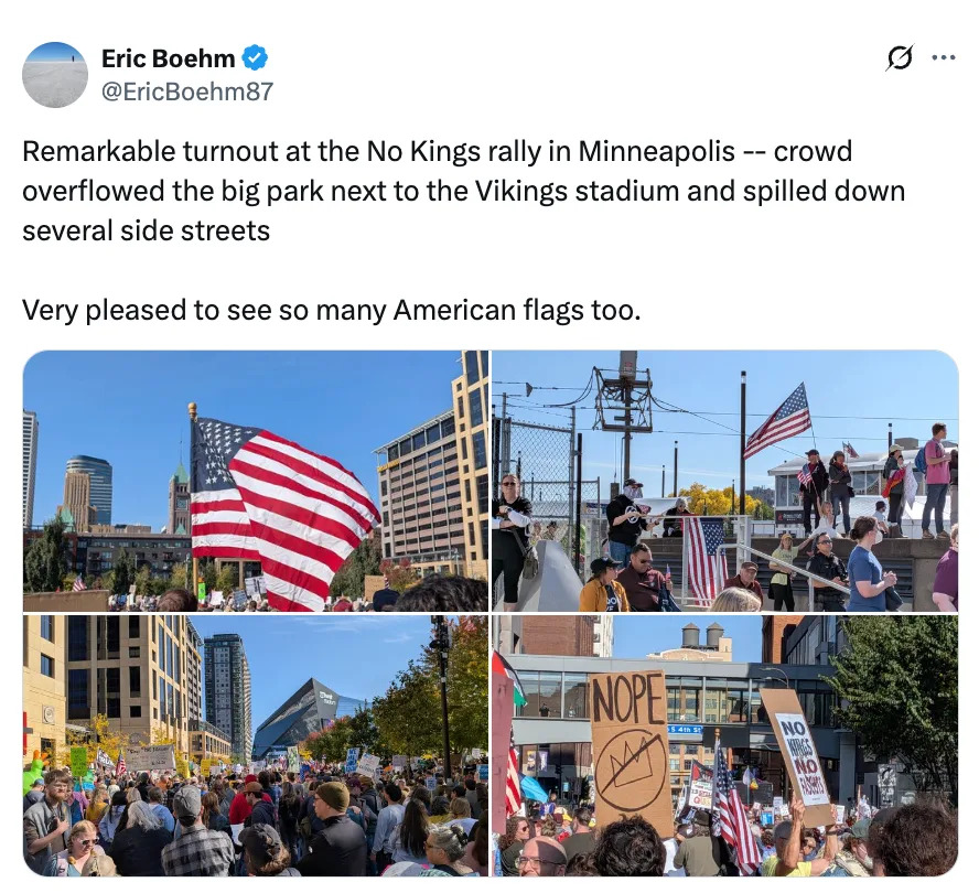 Collage of a rally in Minneapolis with large crowds, American flags, and protest signs. Tweet mentions turnout and location near Vikings stadium