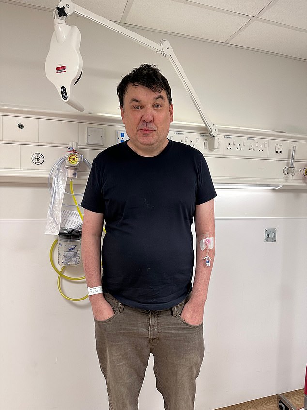 Graham Linehan (above) posted online this photo taken in A&E after he was tested for high blood pressure following his arrest in September 2025 at Heathrow airport