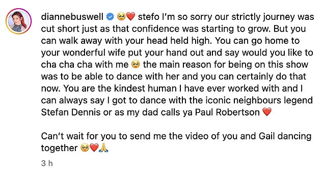 Following the news of Stefan's departure, his partner Dianne wrote: 'stefo I’m so sorry our strictly journey was cut short'