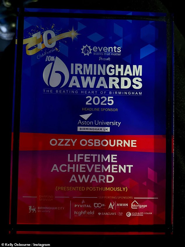 Kelly revealed that the legendary singer returned to Birmingham, where he played at Villa Park with Black Sabbath, in his final weeks to say goodbye to the city he loved (Ozzy's award pictured)