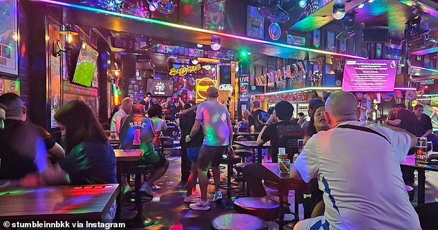 Mangione had met the men at the Stumble Inn (pictured) in Bangkok, Thailand, the same year he was arrested for murder