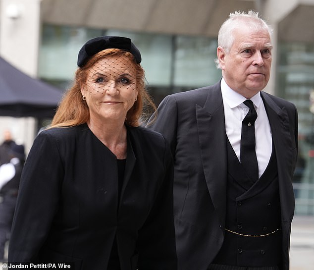 Andrew and Sarah at Westminster Cathedral last month before the Duchess of Kent's funeral