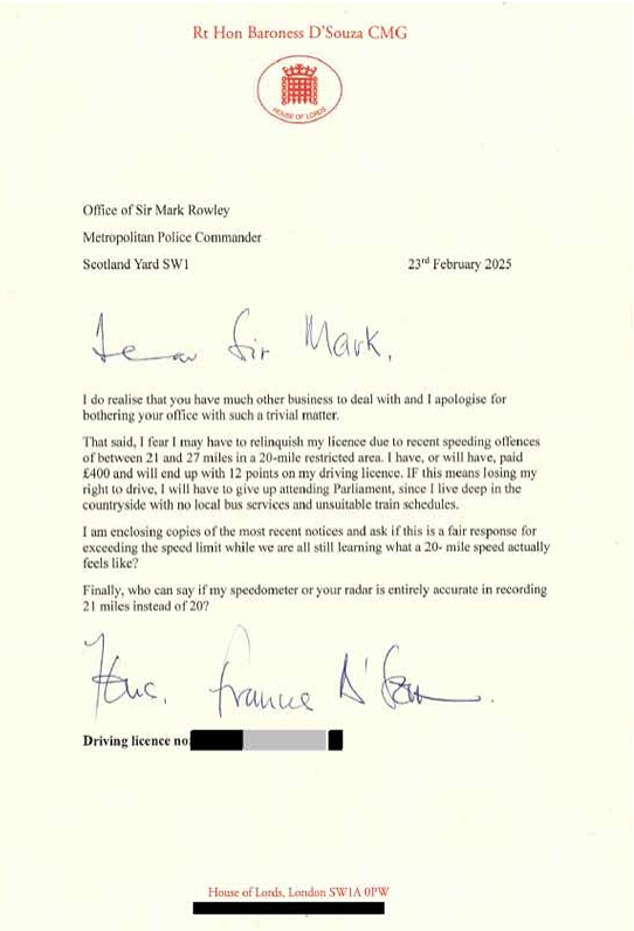Lady D'Souza has now spoken out about the letter saying it was 'inappropriate' adding 'with the benefit of hindsight, I deeply regret it'