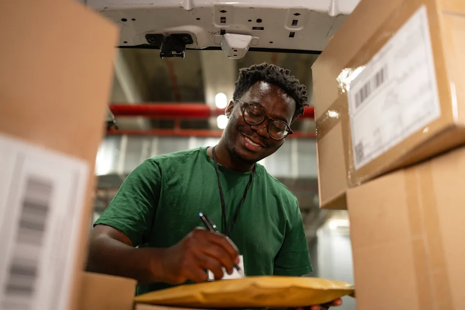 Person in green shirt checks package, surrounded by boxes in a warehouse setting