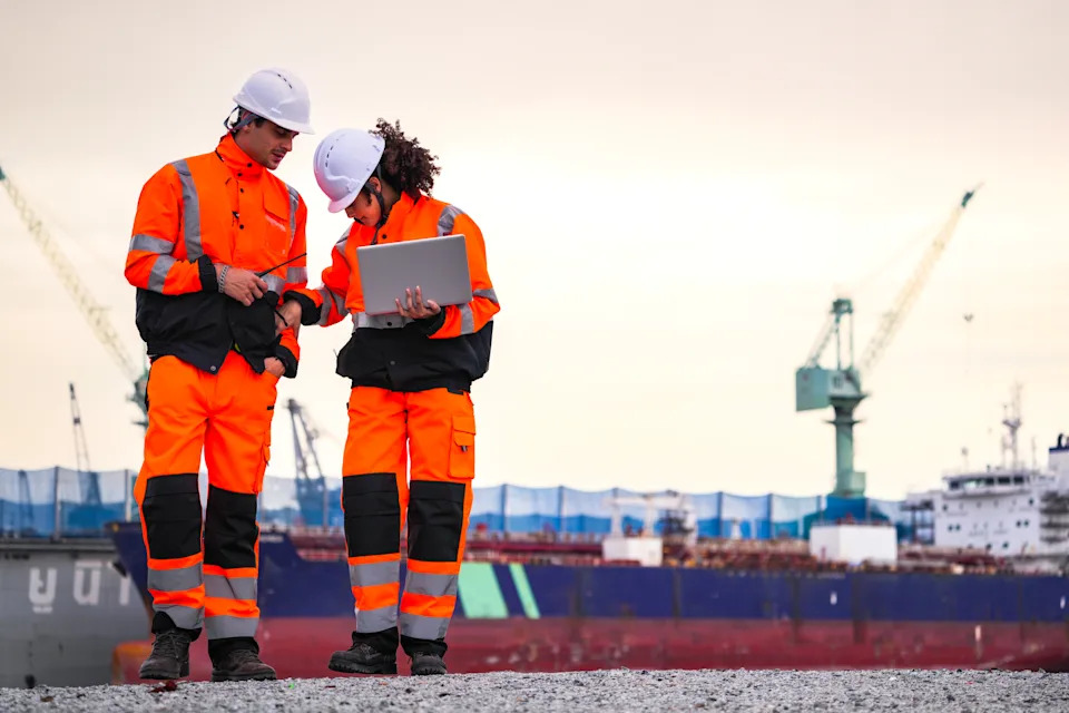 Two construction workers in protective gear examine plans at a shipyard, with cranes and a ship in the background