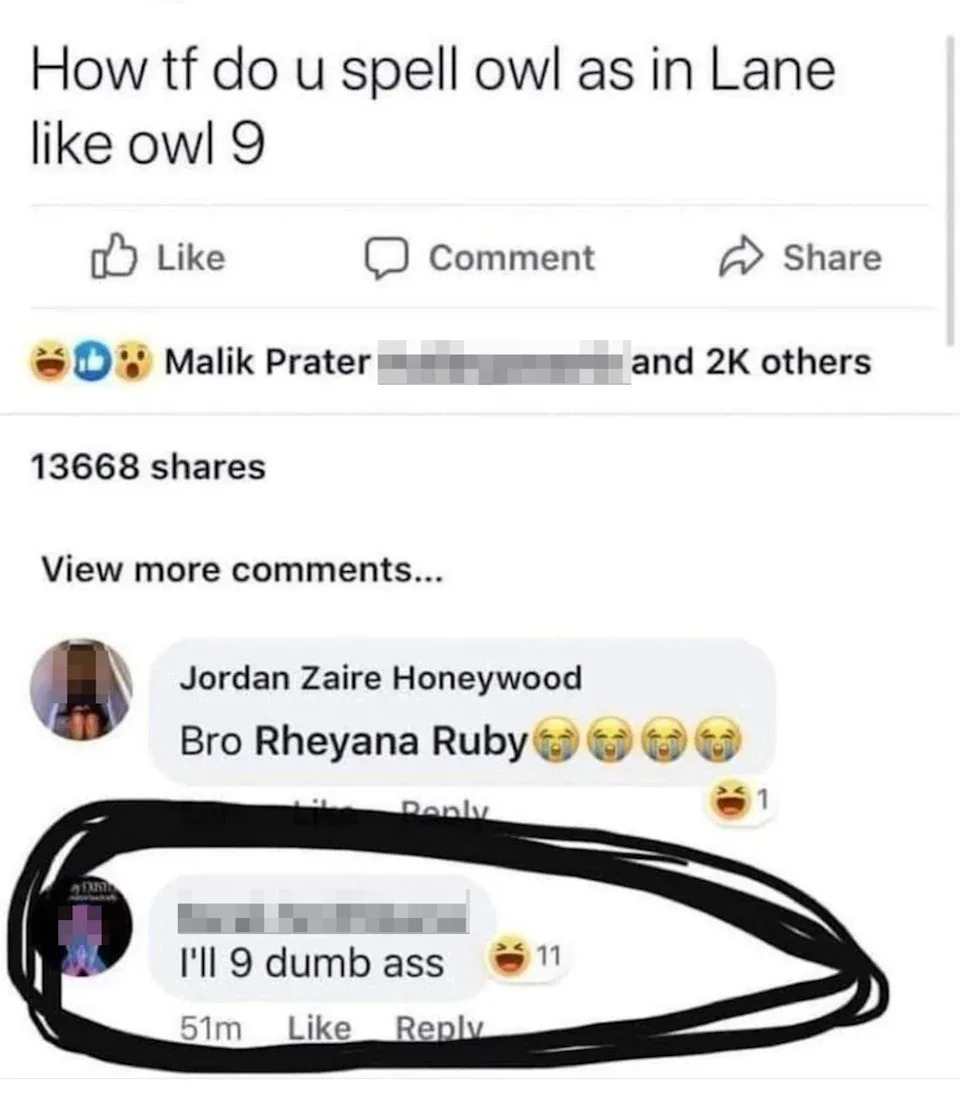 Facebook post joke about a spelling error in a road name, with humorous comments