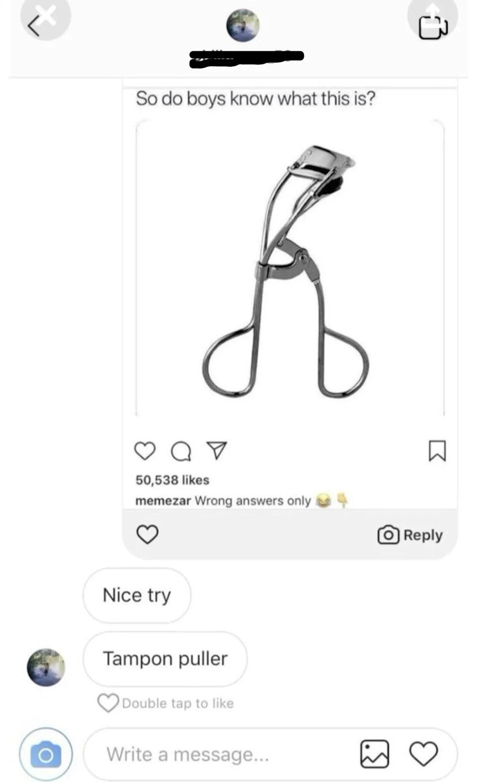 Screenshot of a social media post showing an eyelash curler with comments jokingly misidentifying it as a tampon puller