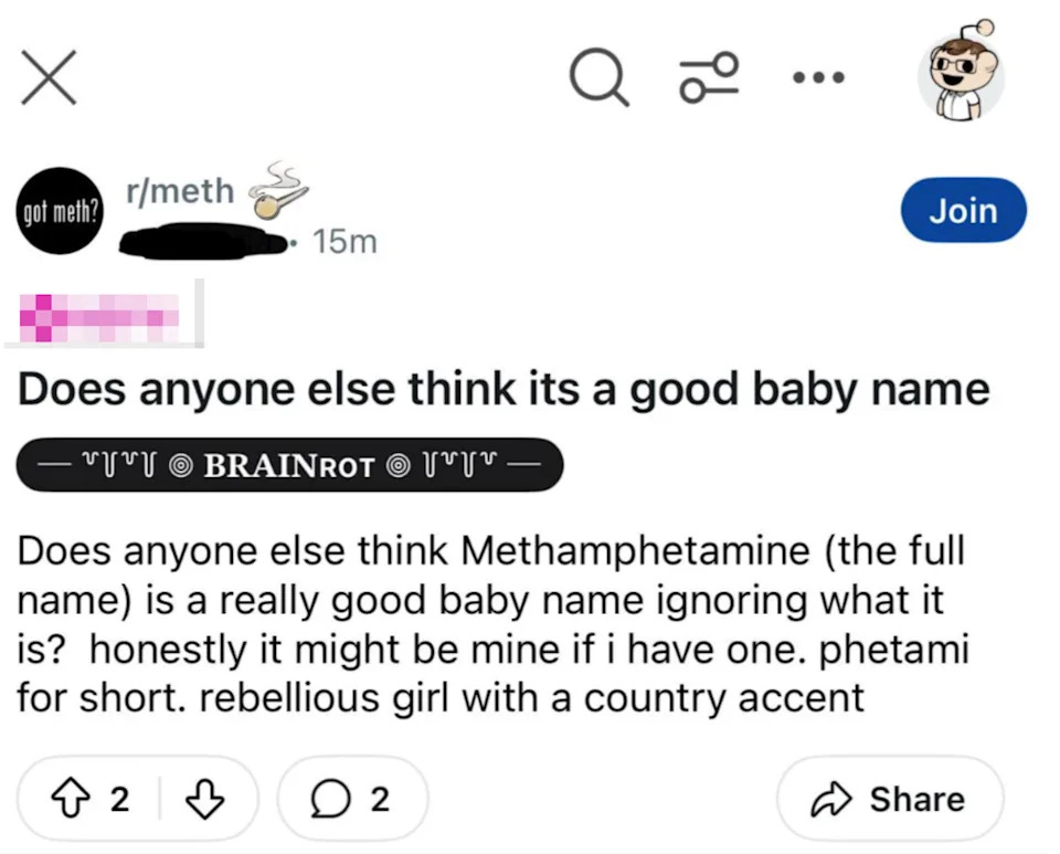 Reddit post: User humorously considers "Methamphetamine" as a baby name, ignoring its meaning, suggesting "Phetami" as a playful short form