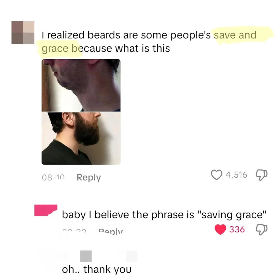Comment exchange on beards: User mentions "save and grace" with typo; another corrects to "saving grace."