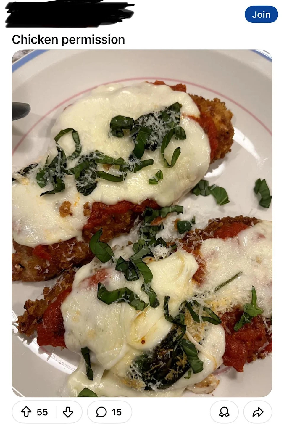 Two breaded chicken cutlets topped with melted cheese, tomato sauce, and basil, served on a white plate