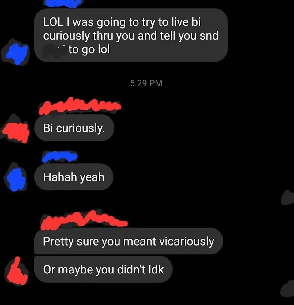 Text conversation about trying to live "bi curiously," corrected to "vicariously," with humorous tone