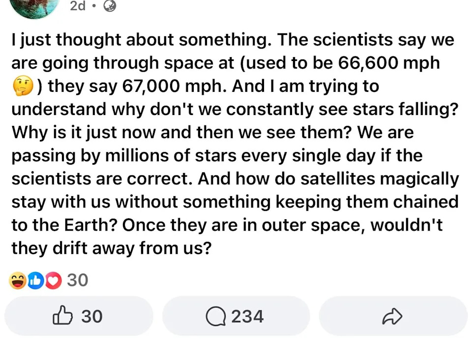 A social media post questions why stars don't seem to fall if Earth moves at 67,000 mph, pondering satellite behavior and star visibility