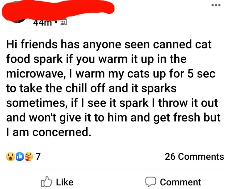 Facebook post expressing concern about canned cat food sparking in the microwave during warming