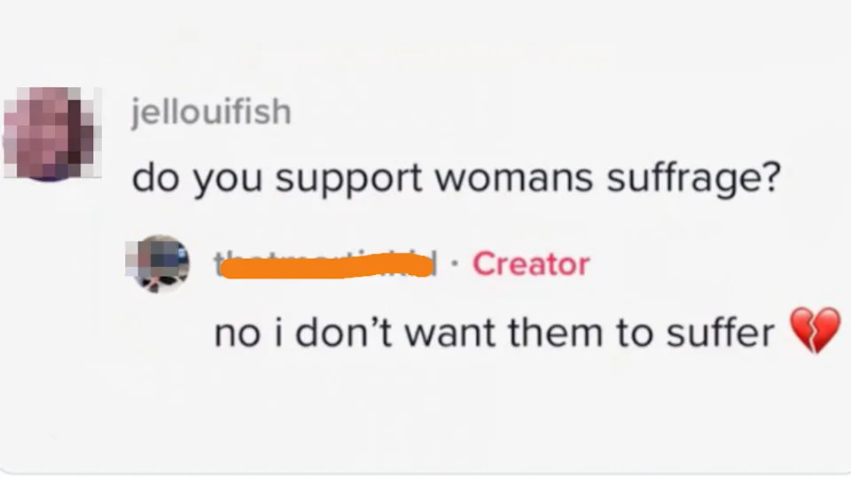 Social media exchange where one user misunderstands "suffrage" as "suffer."