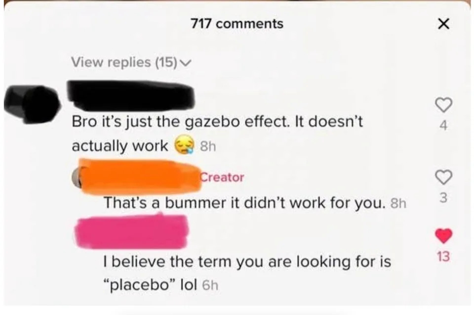 Social media comment thread humorously corrects "gazebo effect" to "placebo."