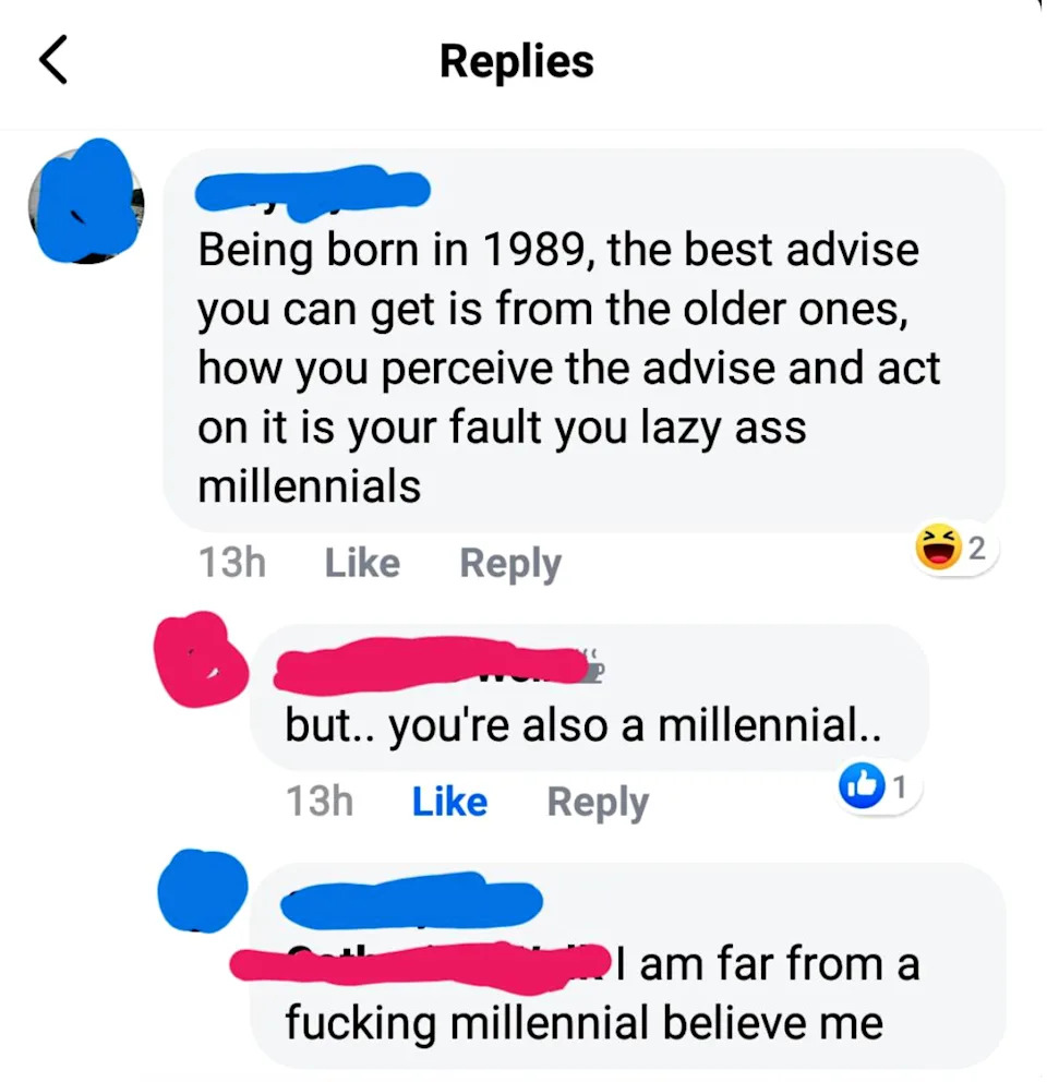 Facebook comments debate generational stereotypes; one user mistakenly claims they aren't a millennial despite being born in 1989, sparking replies