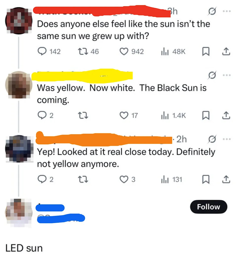 A series of humorous tweets discussing the sun's color change, mentioning a "Black Sun" and jokingly suggesting the sun isn't the same as before