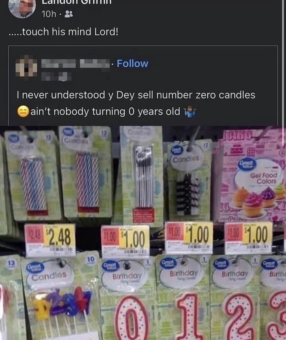 Facebook post humorously questions the purpose of selling birthday candles with the number zero, noting nobody turns zero years old
