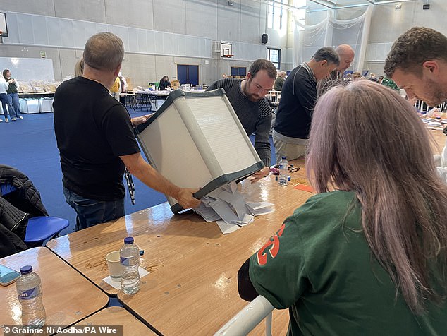 A ballot box is emptied as counting begins at Adamstown count centre in Dublin