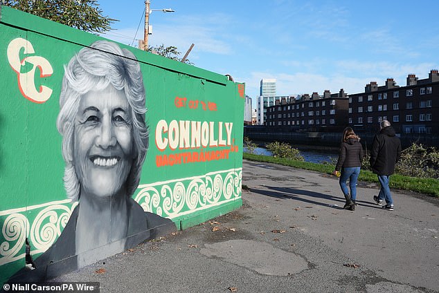 A mural in support of of Catherine Connolly by artist Emmalene Blake on South Dock Road in Dublin