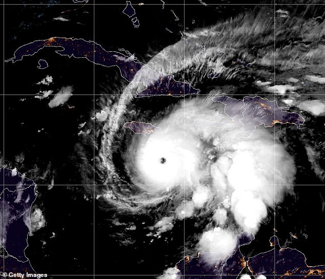 Hurricane Melissa strengthens into a Category 4 storm as it churns northwest through the Caribbean Sea captured at 7:40am on October 26, 2025