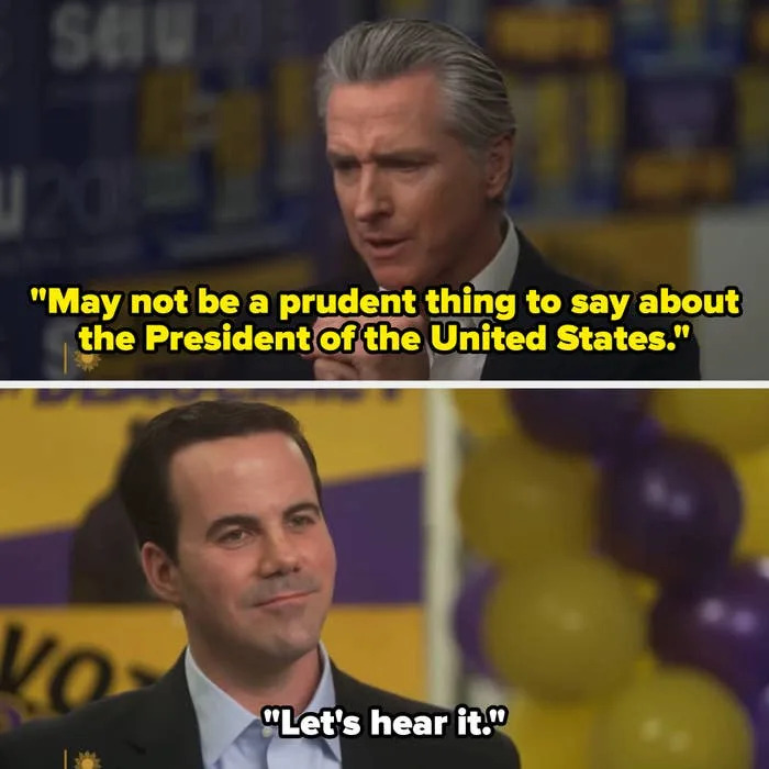 Two men in a conversation; text reads: "May not be a prudent thing to say about the President of the United States." "Let's hear it."