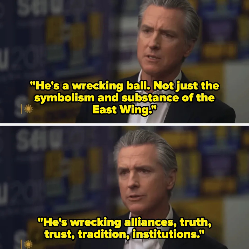 A man in a suit discusses a political figure, describing them as a "wrecking ball" affecting alliances, trust, and institutions