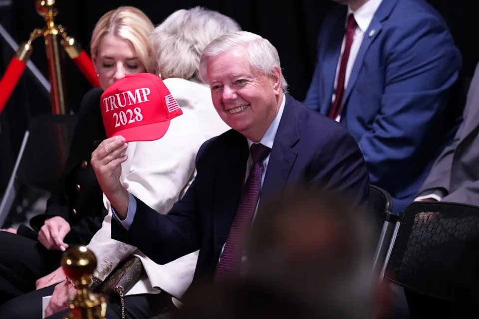 The president has repeatedly entertained the idea of running for a third term, which has included Trump 2028 hats including the one Senator Lindsey Graham, a South Carolina Republican, is holding in this photo (Kevin Dietsch/Getty Images)