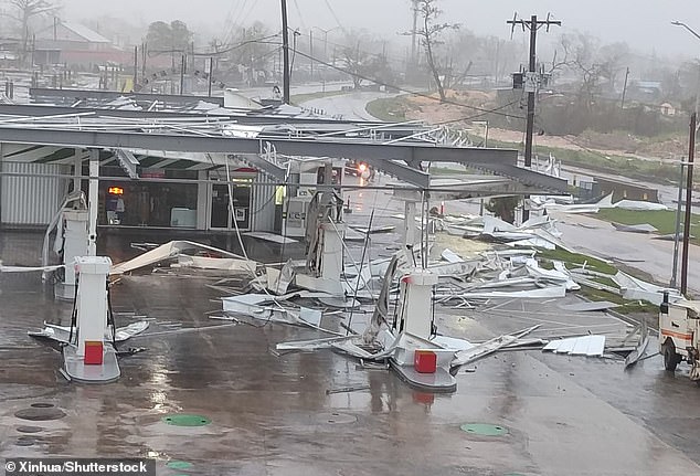 Mandatory Credit: Photo by Xinhua/Shutterstock (15630649a) This photo taken on Oct. 28, 2025 shows a gas station damaged by the Hurricane Melissa in Montego Bay, Jamaica. At least seven people were killed across the northern Caribbean as category 5 Hurricane Melissa made landfall Tuesday on the southwestern coast of the island of Jamaica, according to local media reports. Jamaica Hurricane Melissa Aftermath - 29 Oct 2025