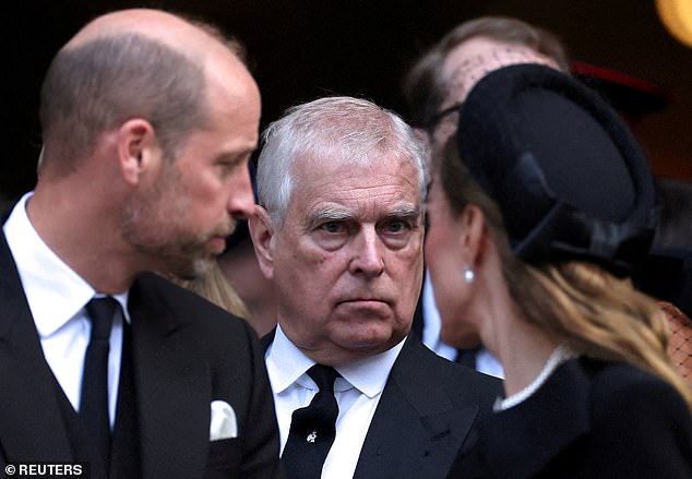 Andrew stands next to Prince William and his wife Catherine, Princess of Wales, as they leave Westminster Cathedral at the Duchess of Kent's funeral