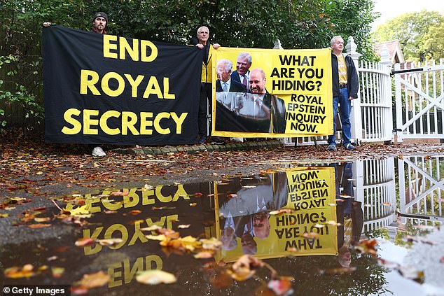 Members of anti monarchy group Republic stood outside Andrew's home - the Royal Lodge at Great Windsor Park last week to demand greater transparency
