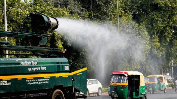 Attention vehicle owners! From November 1, Delhi to bar entry An anti-smog gun sprays water droplets to curb air pollution, in New Delhi, Monday, Oct. 27, 2025.