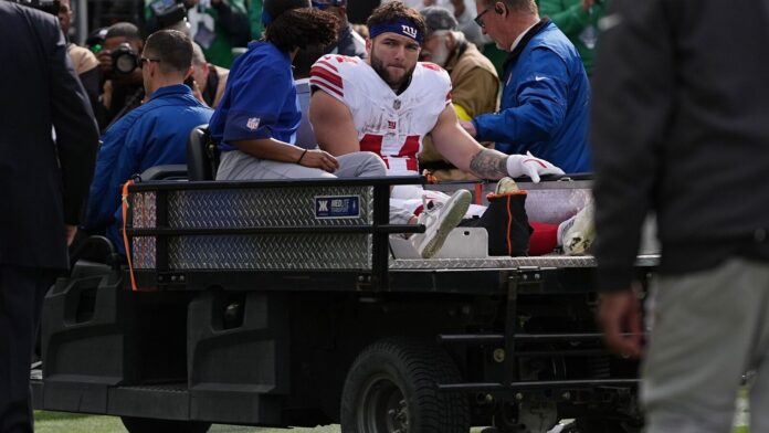 Cam Skattebo injury: New York Giants rookie RB carted off New York Giants running back Cam Skattebo (44) leaves the field after an injury during the first half of an NFL football game against the Philadelphia Eagles on Sunday.