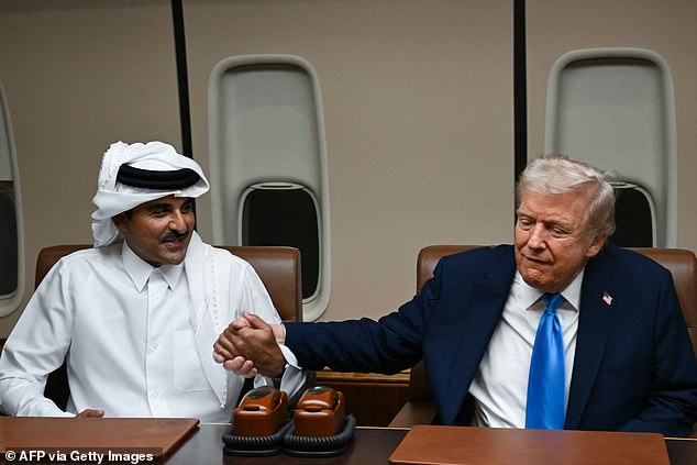 Donald Trump issues his toughest threat yet to Hamas as On Saturday, during a brief refueling stop in Doha, President Donald Trump met with Qatar’s Emir Sheikh Tamim bin Hamad Al Thani aboard Air Force One (pictured)