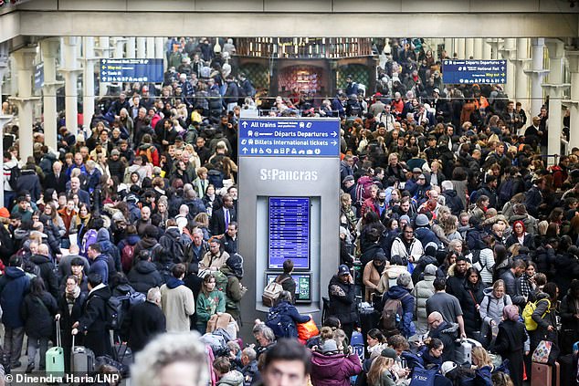Overcrowding at St Pancras station on December 21, 2023 as Eurostar strikes caused last minute chaos for holidaymakers