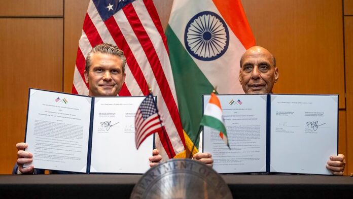 India, US sign 10 year defence framework as Hegseth meets Defence Minister Rajnath Singh with United State's Secretary of War Pete Hegseth during a meeting to sign a 10-year U.S.-India Defense Framework, in Malaysia. (@SecWar/X via PTI Photo)