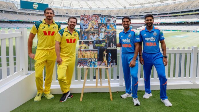 India vs Australia ODIs 2025: When and where to watch (From Left) Australia's Mitchell Starc and Travis Head and India's Dhruv Jurel and Nitish Kumar Reddy pose before the start of IND vs AUS ODI series,