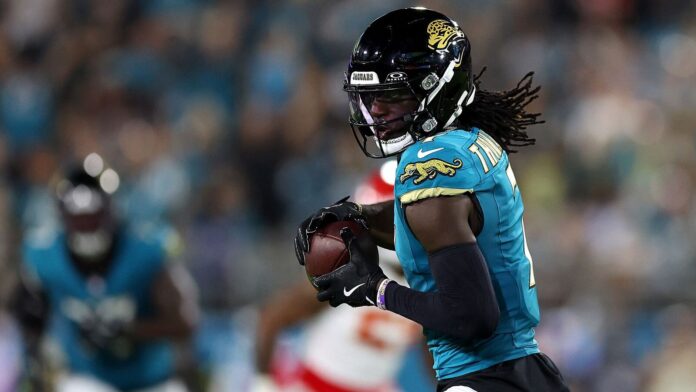 Jacksonville Jaguars listening to trade calls for Brian Thomas Jr Brian Thomas Jr #7 of the Jacksonville Jaguars