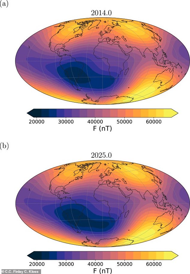 Mysterious 'dent' in Earth's magnetic field explodes in size The SAA has increased by up to 25 percent, as it moves about 14 miles west each year since 2014