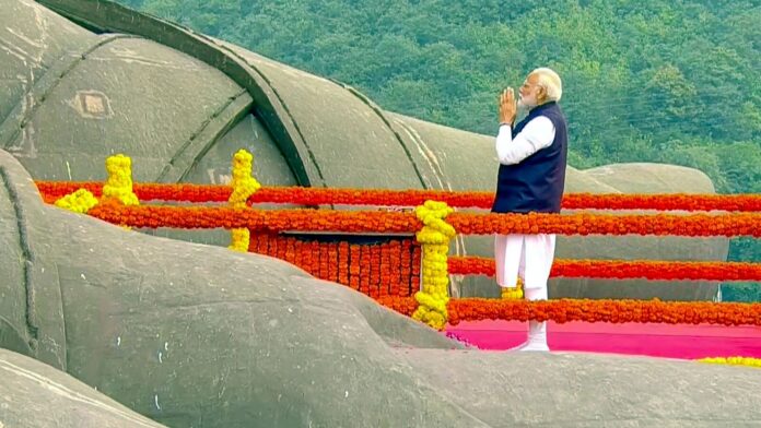 PM Modi pays floral tributes to Sardar Patel on his In this screengrab from a video posted on Oct. 31, 2025, Prime Minister Narendra Modi pays tribute to the country's first home minister Sardar Vallabhbhai Patel on his 150th birth anniversary, at the Statue of Unity, Kevadia, in Narmada district of Gujarat. (@NarendraModi via PTI Photo)