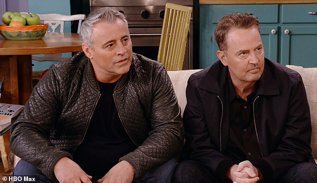 Perry famously played Joey's best friend Chandler Bing on Friends, and tragically died from a drowning sparked by a ketamine overdose aged 54 in 2023 - pictured 2021 on the Friends reunion